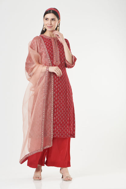 Cherry Red Georgette Floral Booti Straight Kurta Set