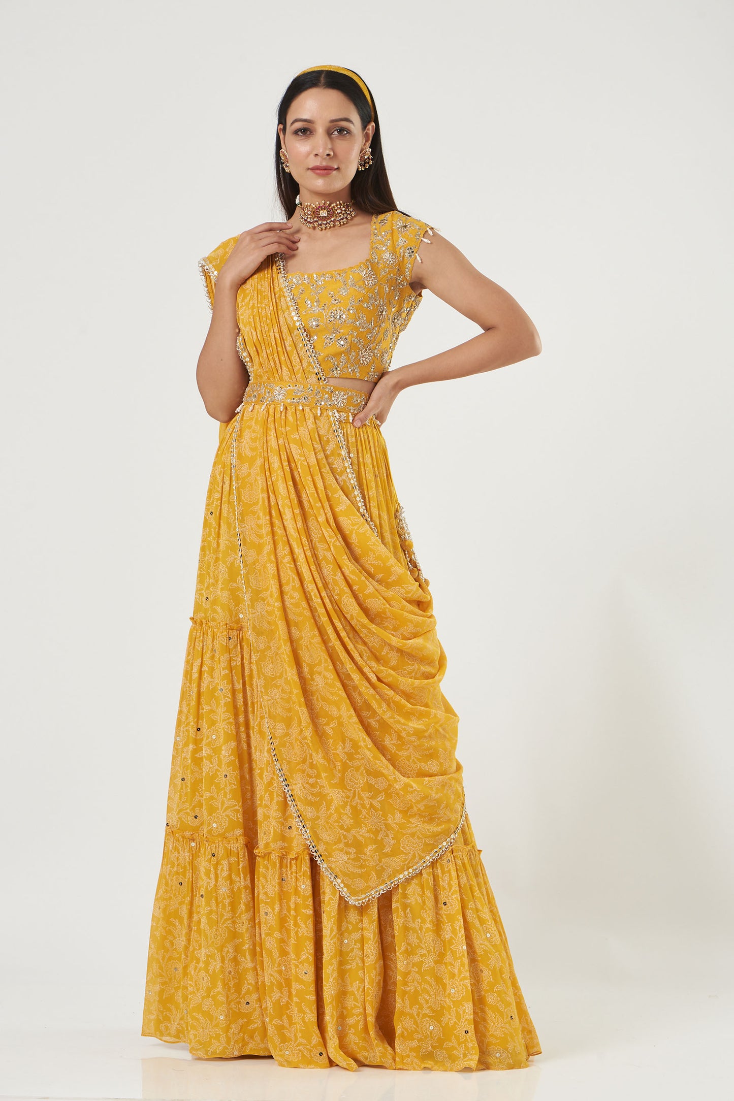 Mustard Georgette Tiered Skirt And Draped Dupatta Set