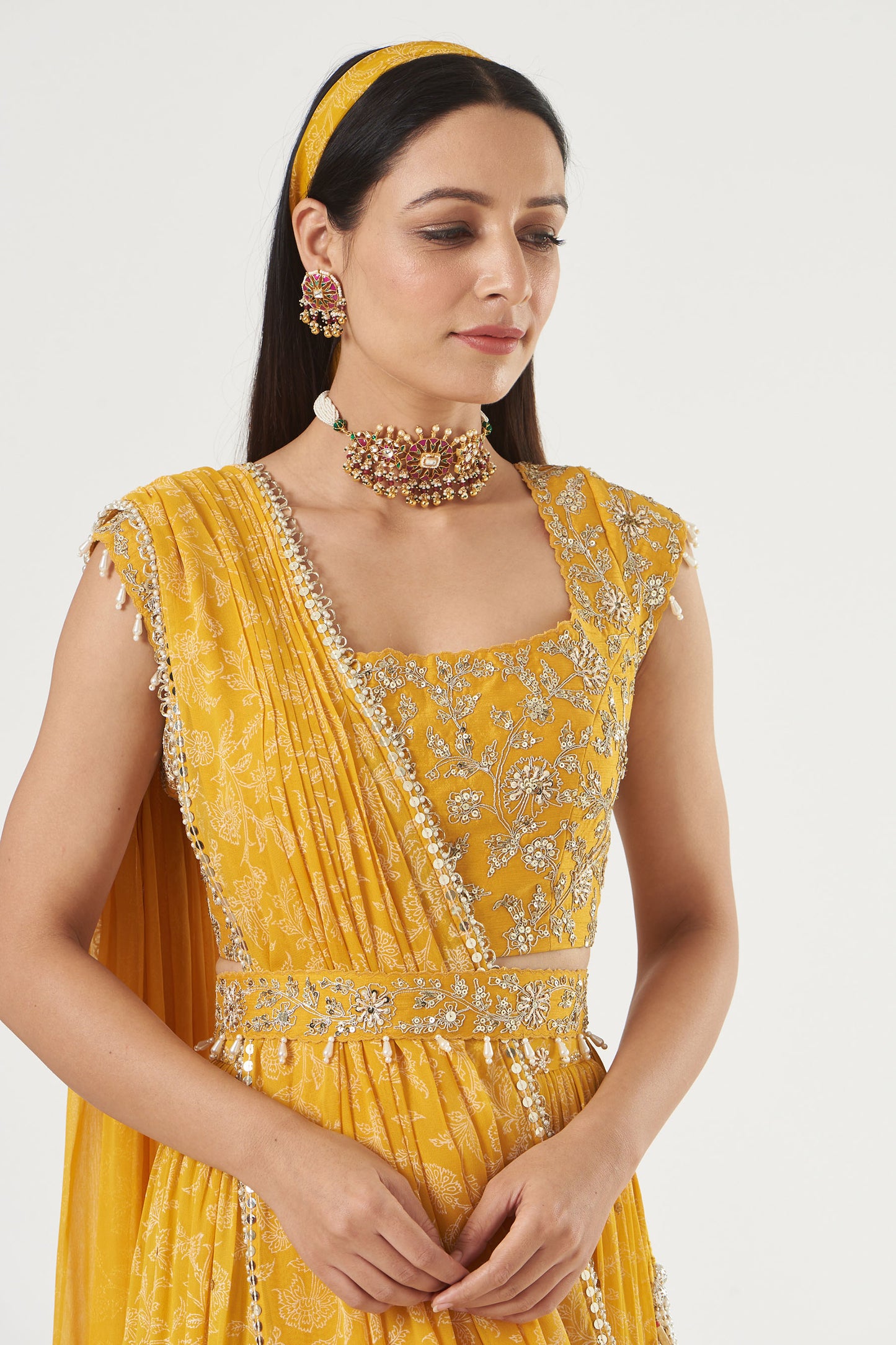 Mustard Georgette Tiered Skirt And Draped Dupatta Set