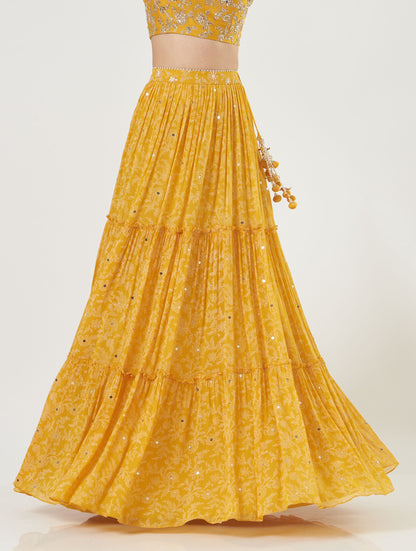 Mustard Georgette Tiered Skirt And Draped Dupatta Set