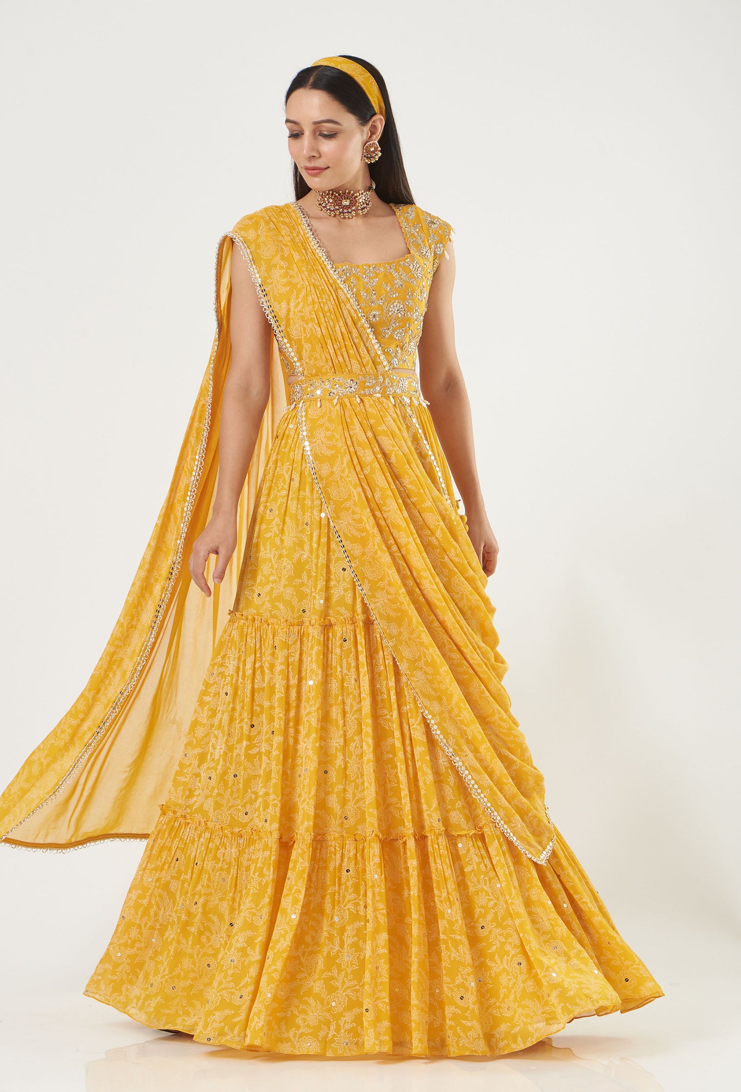 Mustard Georgette Tiered Skirt And Draped Dupatta Set