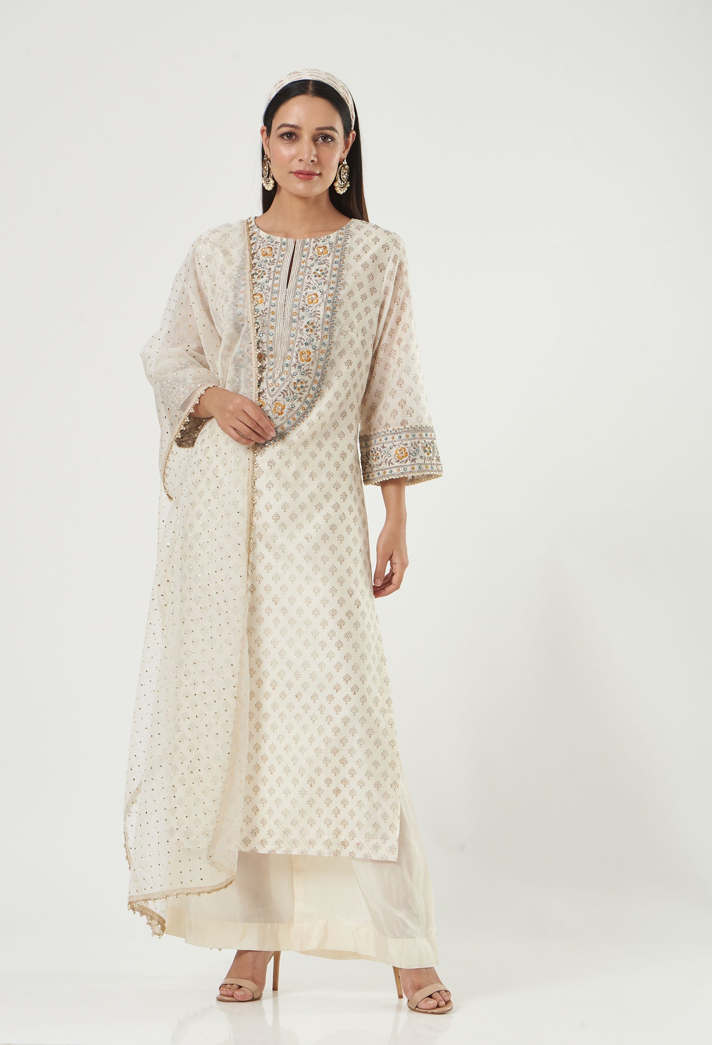 Ivory Chanderi Embroidered Straight Kurta Set