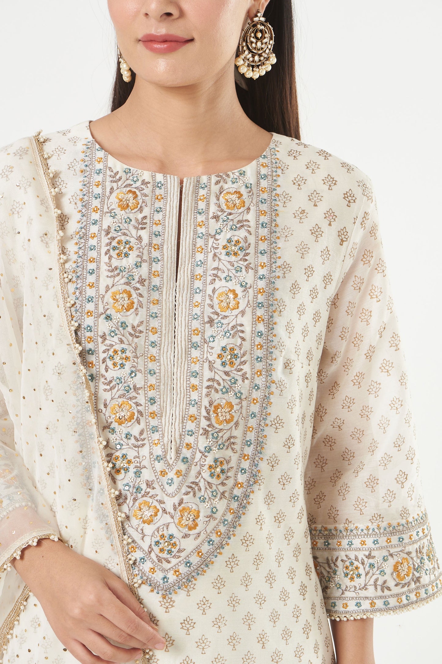 Ivory Chanderi Embroidered Straight Kurta Set