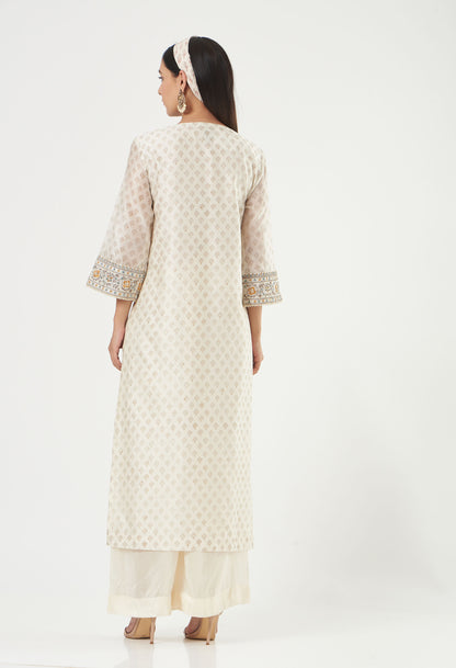 Ivory Chanderi Embroidered Straight Kurta Set