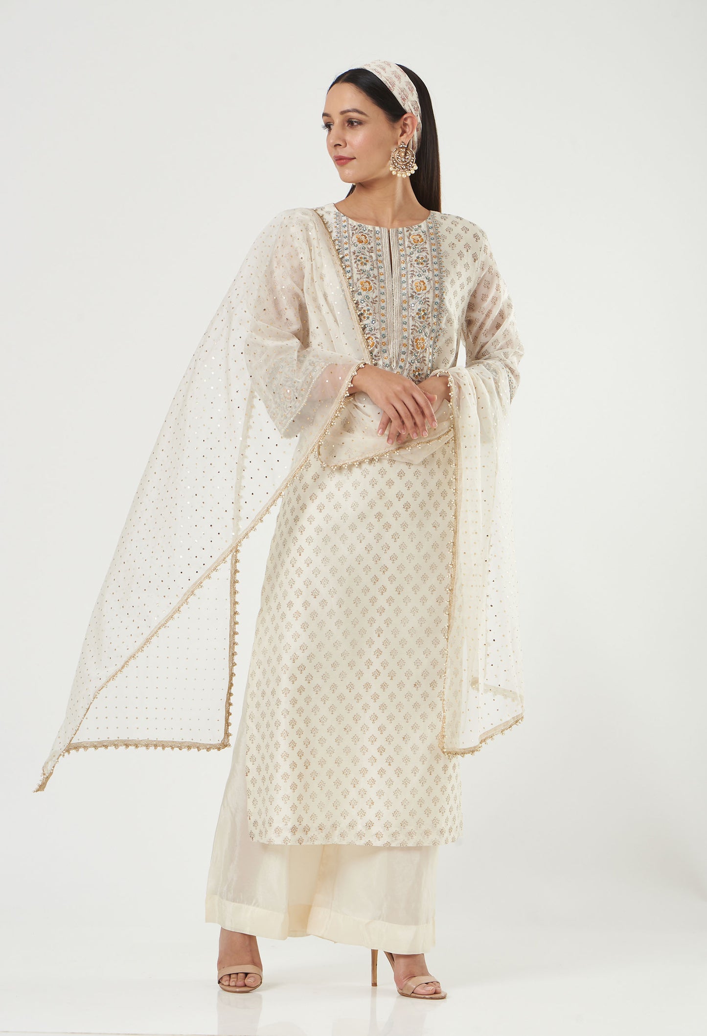 Ivory Chanderi Embroidered Straight Kurta Set