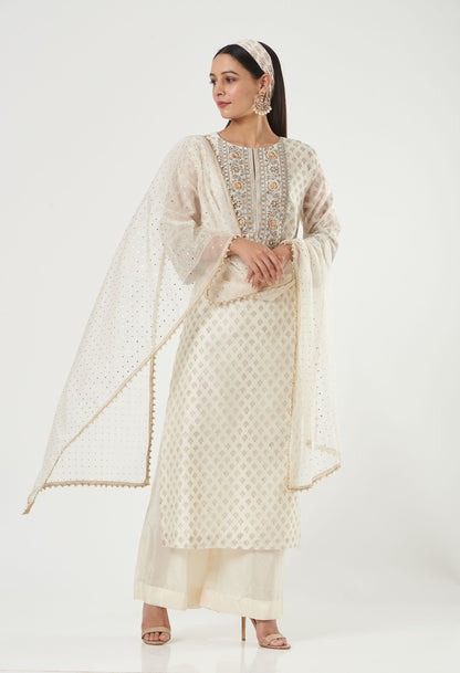 Ivory Chanderi Embroidered Straight Kurta Set