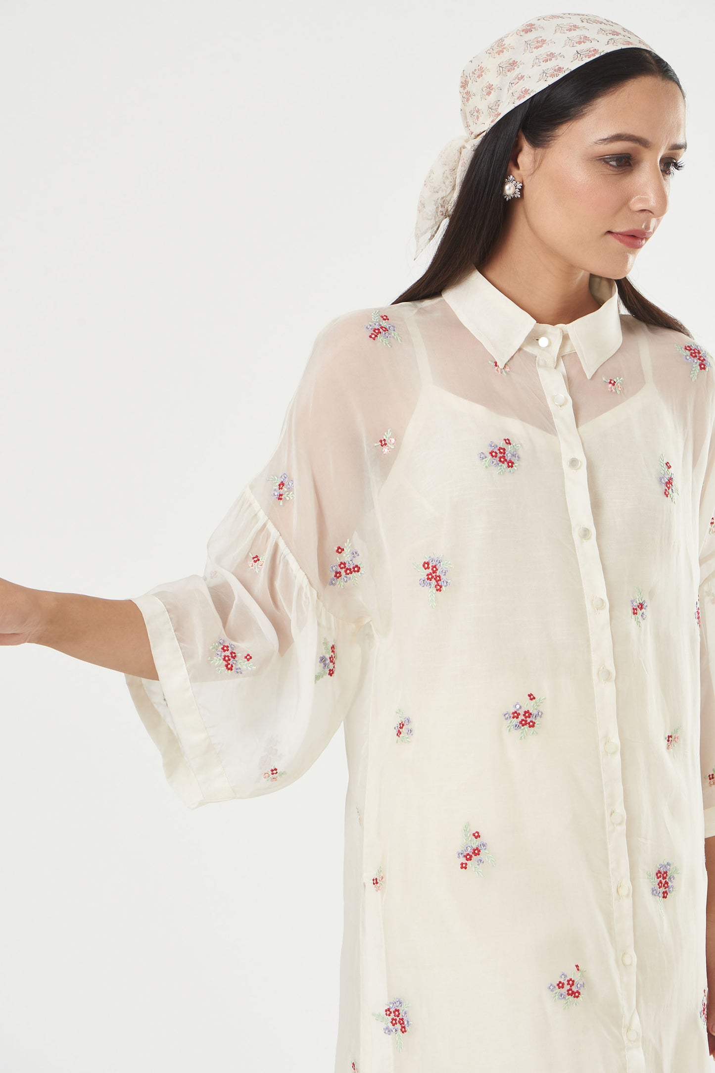 Ivory Organza Floral Embroidered Tunic Shirt Set