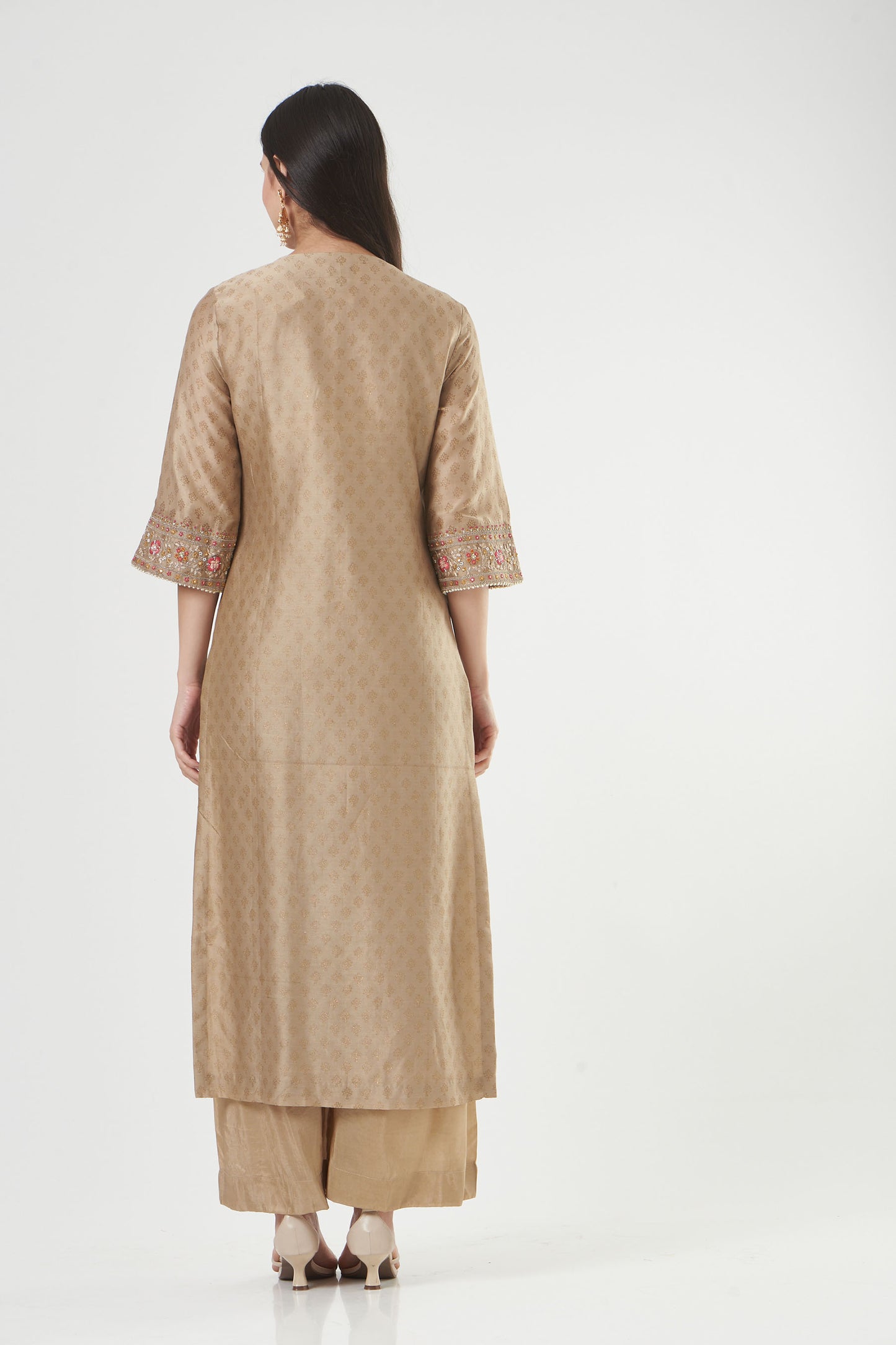 Warm Grey Chanderi Embroidered Straight Kurta Set