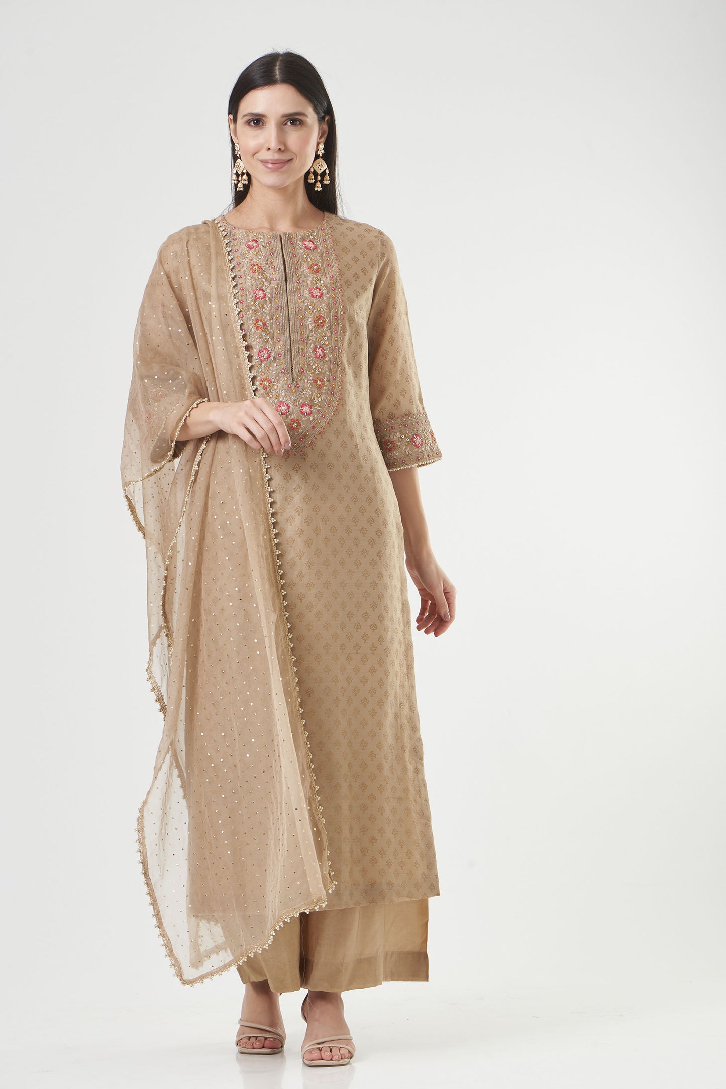 Warm Grey Chanderi Embroidered Straight Kurta Set