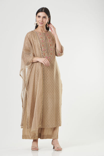 Warm Grey Chanderi Embroidered Straight Kurta Set