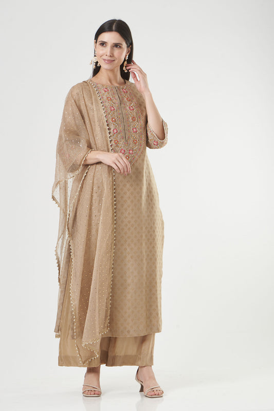 Warm Grey Chanderi Embroidered Straight Kurta Set