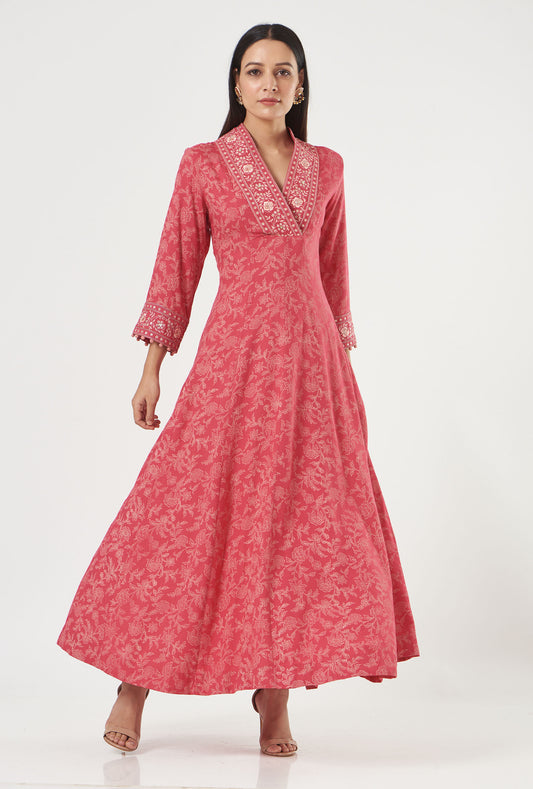 Coral Printed And Embroidered Flared Tunic Set