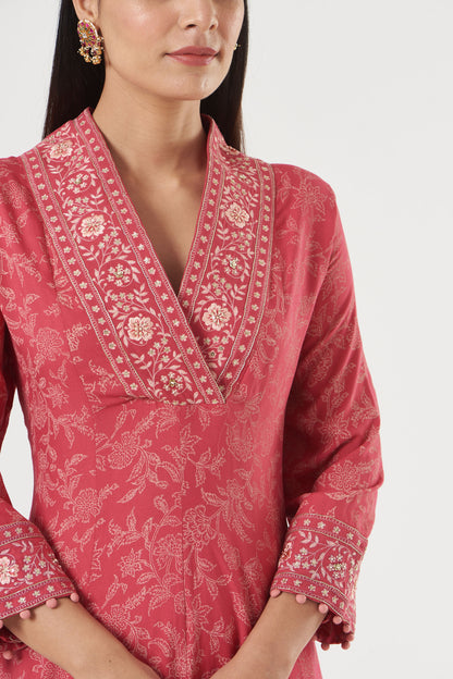 Coral Printed And Embroidered Flared Tunic Set