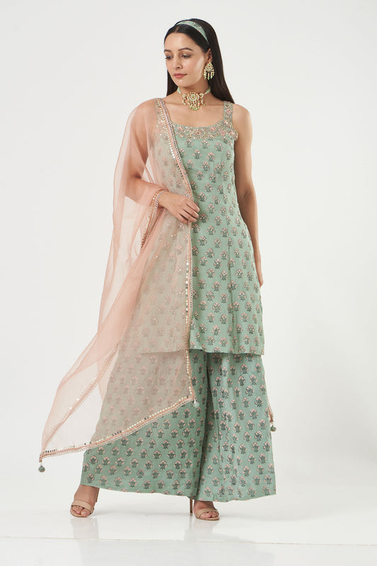 Aqua Chiffon Short Kurta Sharara Set