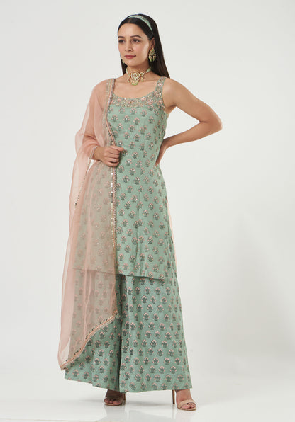 Aqua Chiffon Short Kurta Sharara Set