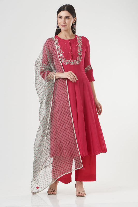 Hot Pink Chiffon Embroidered Flared Anarkali Set