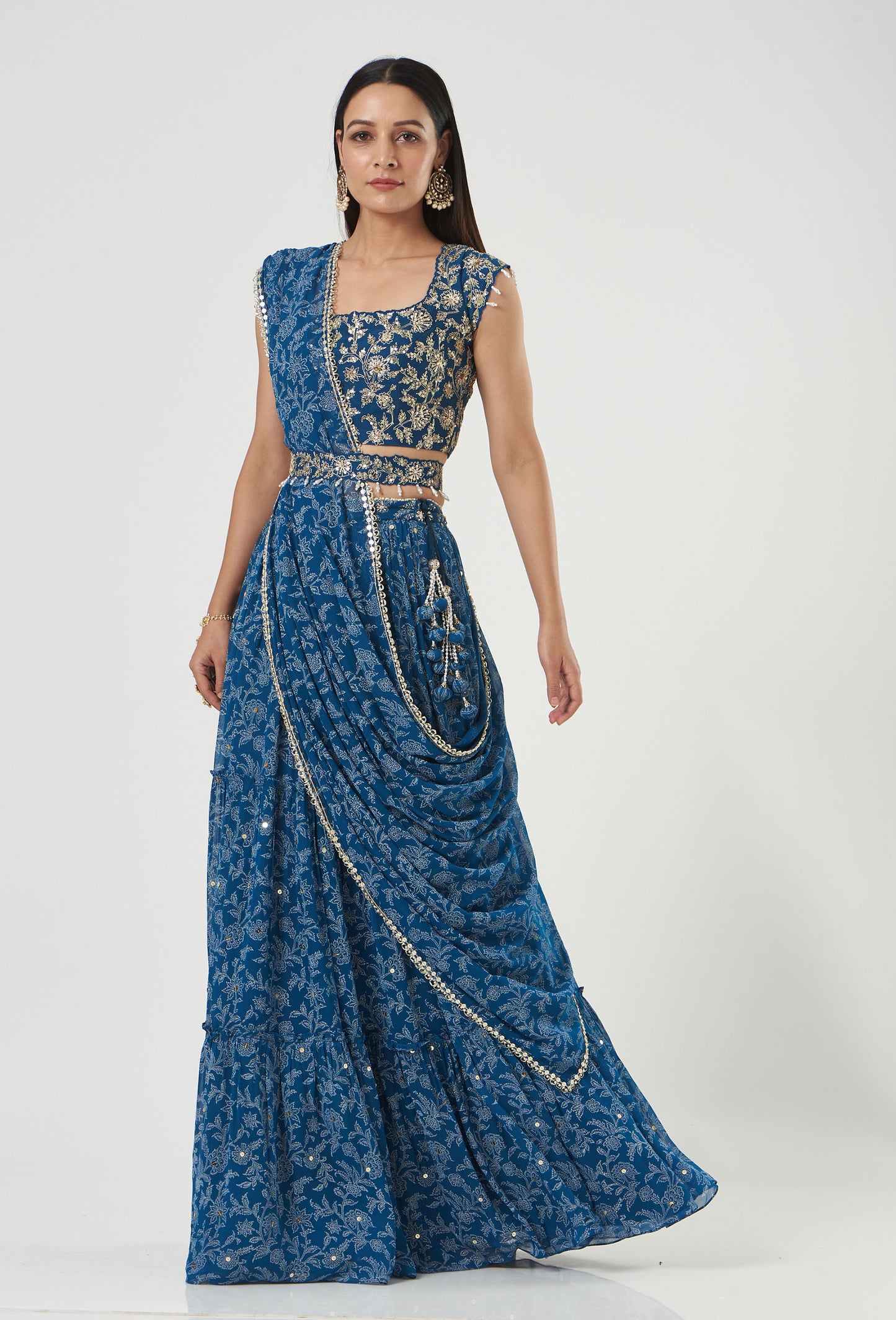 Indigo Georgette Tiered Skirt And Draped Dupatta Set