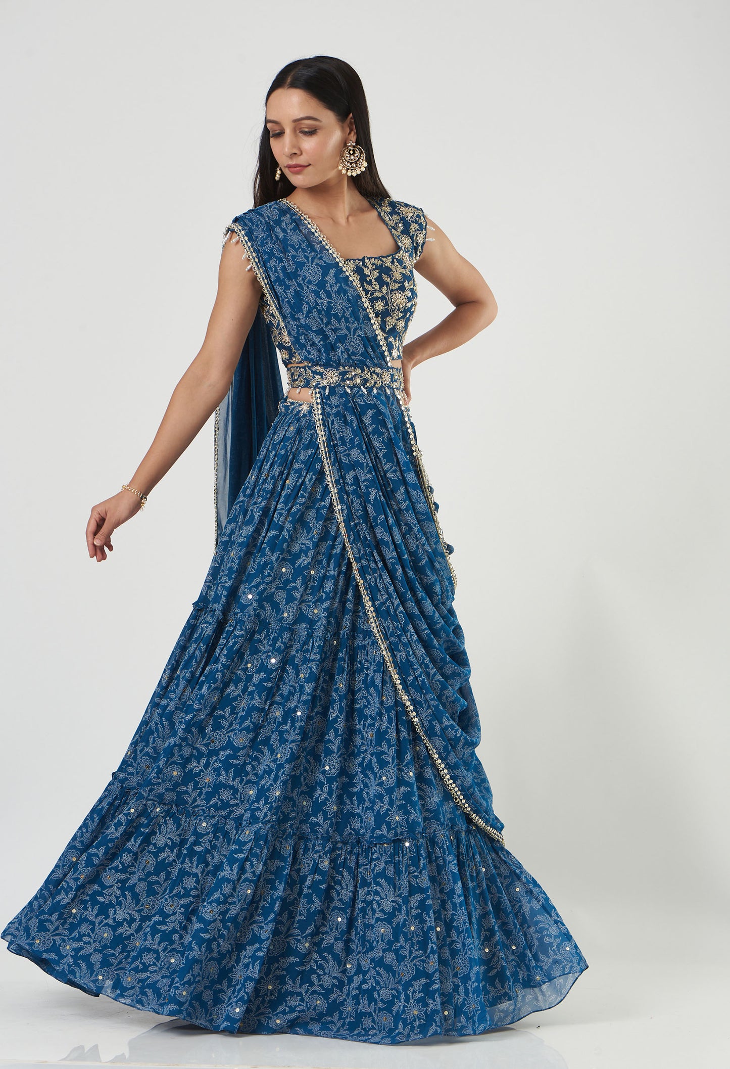 Indigo Georgette Tiered Skirt And Draped Dupatta Set