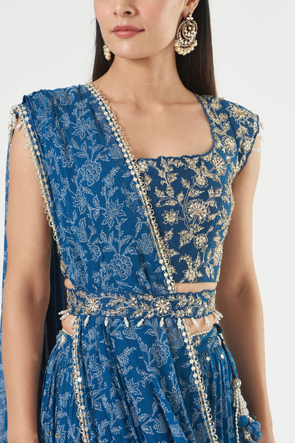 Indigo Georgette Tiered Skirt And Draped Dupatta Set