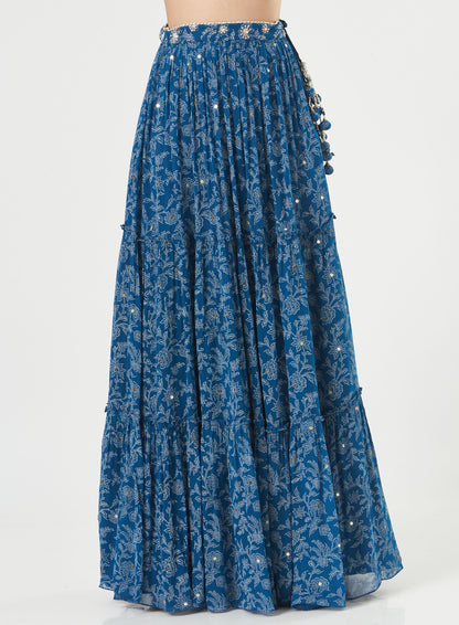 Indigo Georgette Tiered Skirt And Draped Dupatta Set