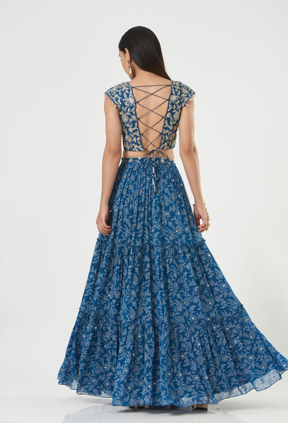 Indigo Georgette Tiered Skirt And Draped Dupatta Set