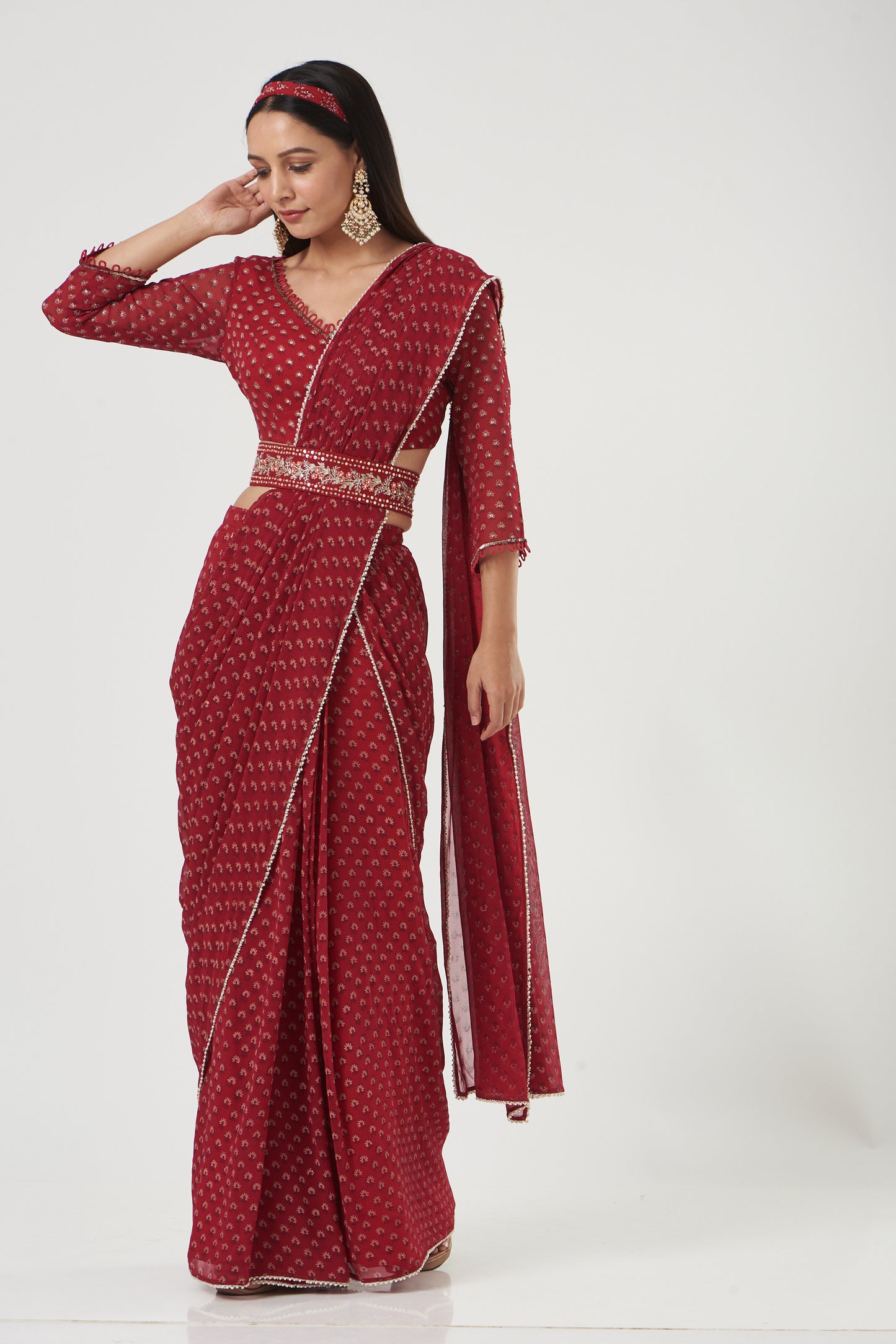 Cherry Red Printed Georgette Draped Saree Set