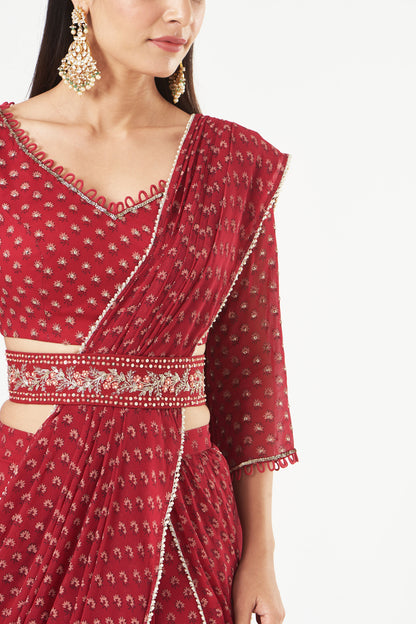 Cherry Red Printed Georgette Draped Saree Set