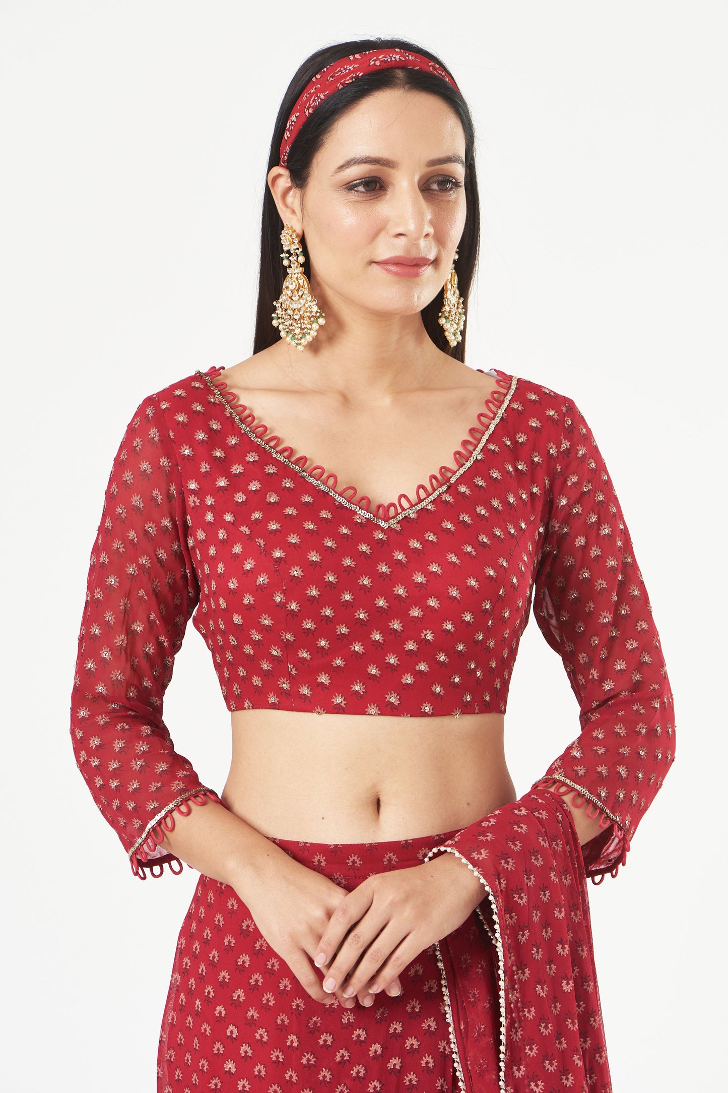 Cherry Red Printed Georgette Draped Saree Set