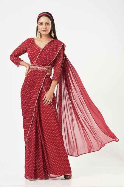 Cherry Red Printed Georgette Draped Saree Set