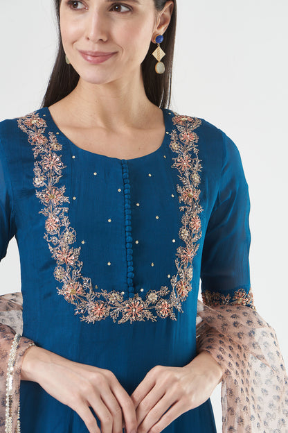 Indigo Chiffon Embroidered Flared Anarkali Set