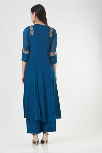 Indigo Chiffon Embroidered Flared Anarkali Set