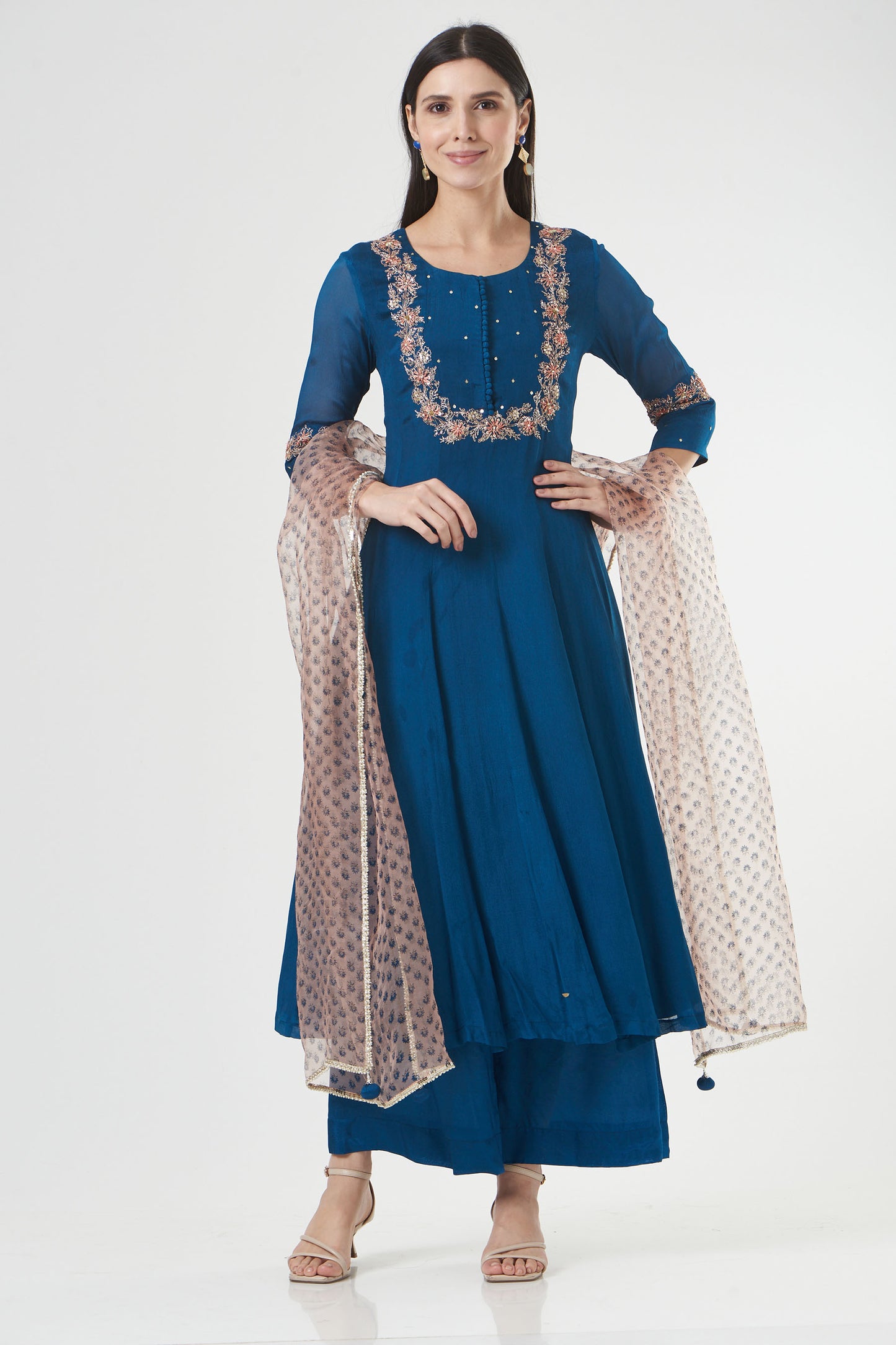 Indigo Chiffon Embroidered Flared Anarkali Set