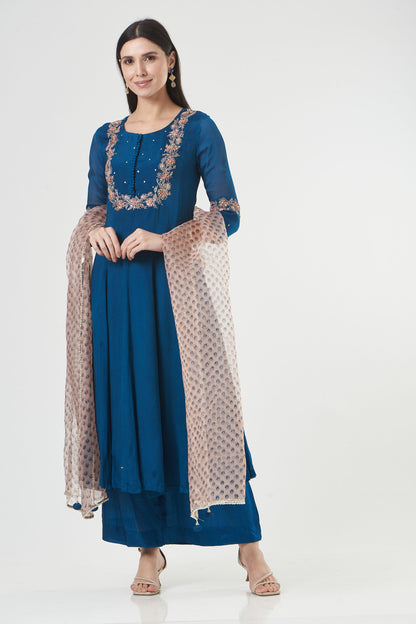 Indigo Chiffon Embroidered Flared Anarkali Set