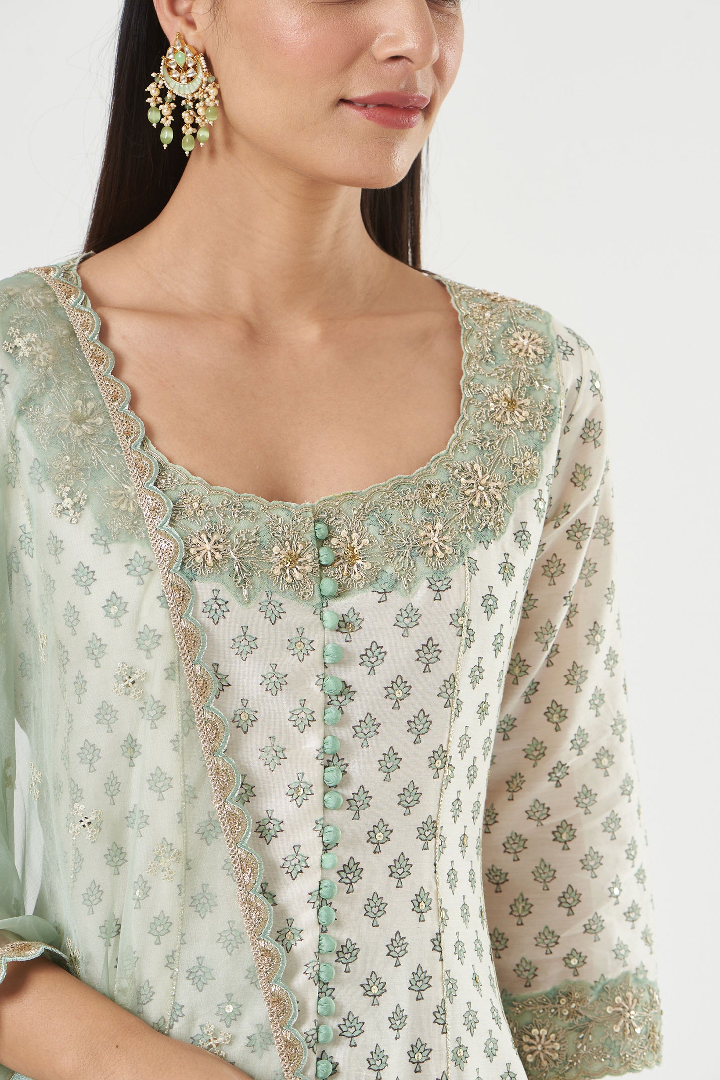 Ivory-Aqua Chanderi Printed And Embroidered Anarkali Set