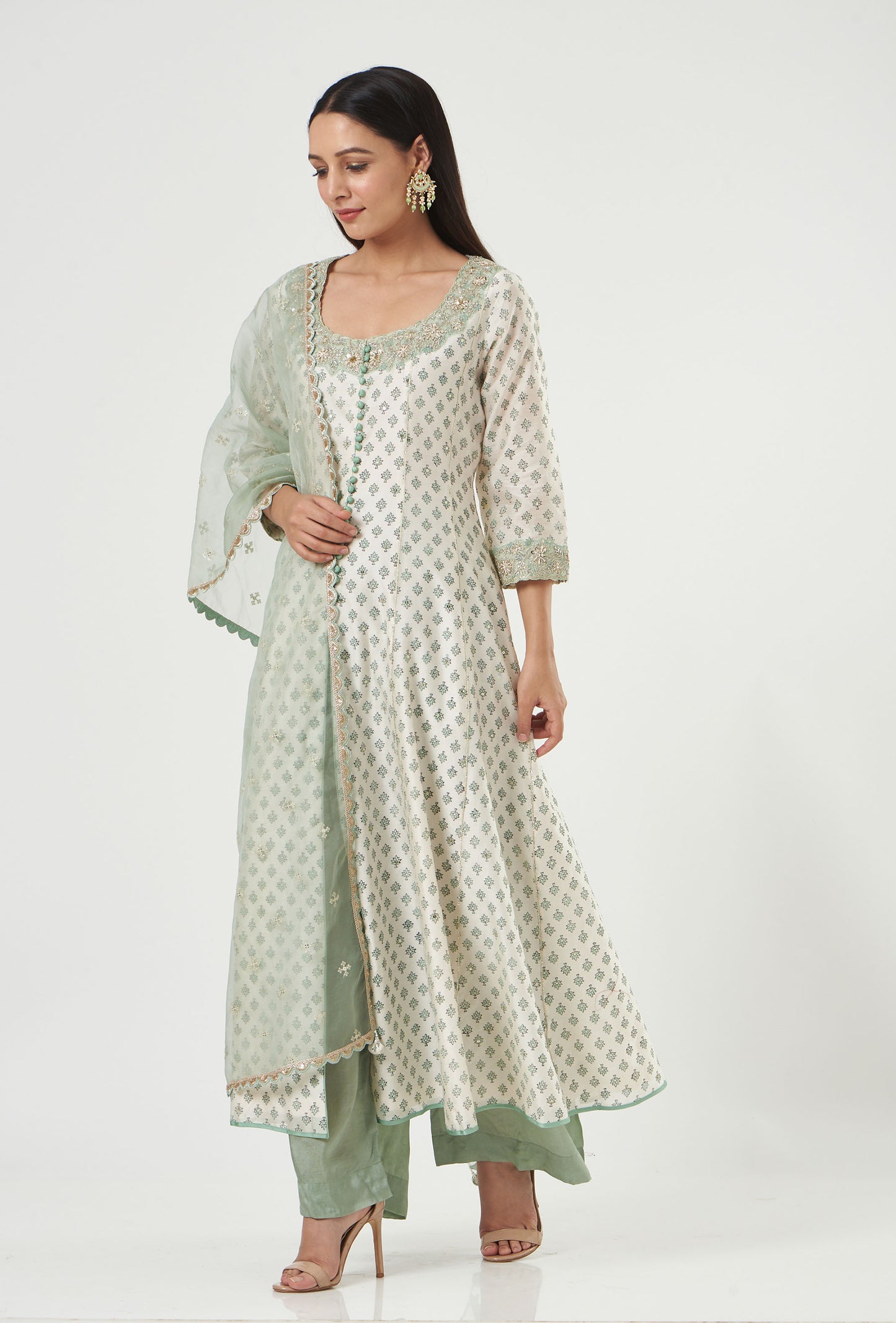 Ivory-Aqua Chanderi Printed And Embroidered Anarkali Set