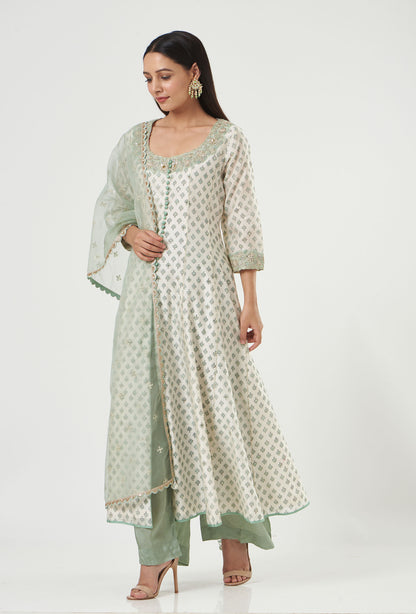 Ivory-Aqua Chanderi Printed And Embroidered Anarkali Set