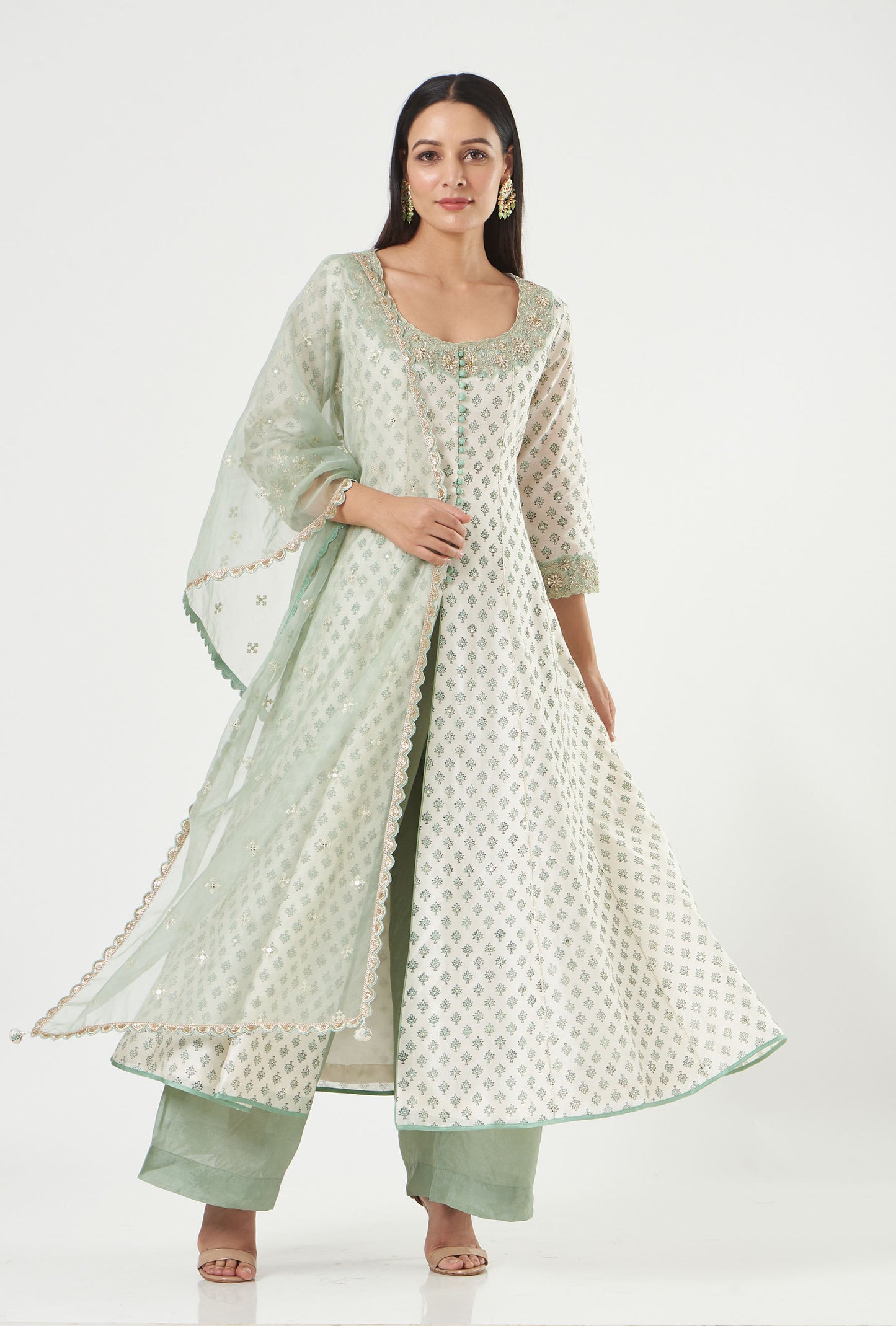 Ivory-Aqua Chanderi Printed And Embroidered Anarkali Set