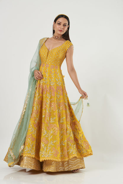 Mustard Georgette Floral Embroidered Anarkali Set