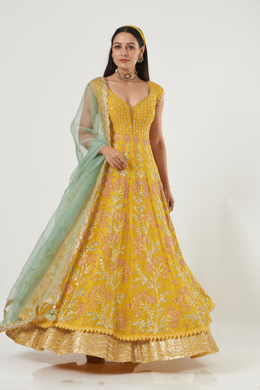 Mustard Georgette Floral Embroidered Anarkali Set