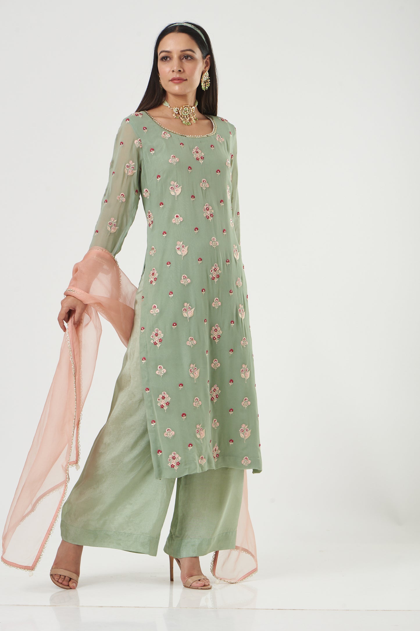 Aqua Georgette Floral Embroidered Straight Kurta Set