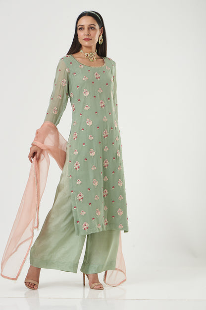 Aqua Georgette Floral Embroidered Straight Kurta Set