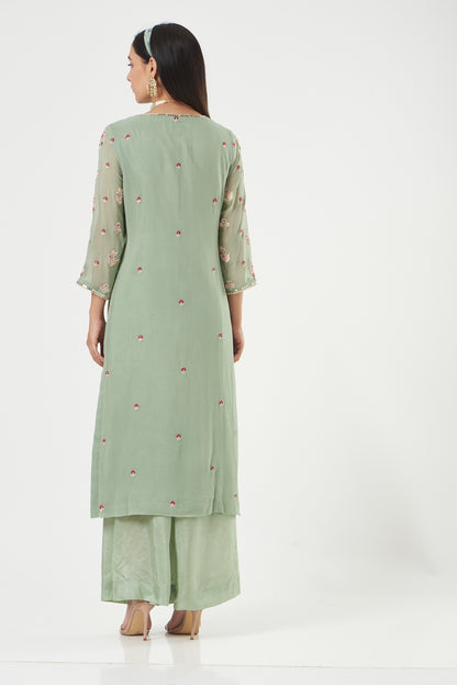 Aqua Georgette Floral Embroidered Straight Kurta Set