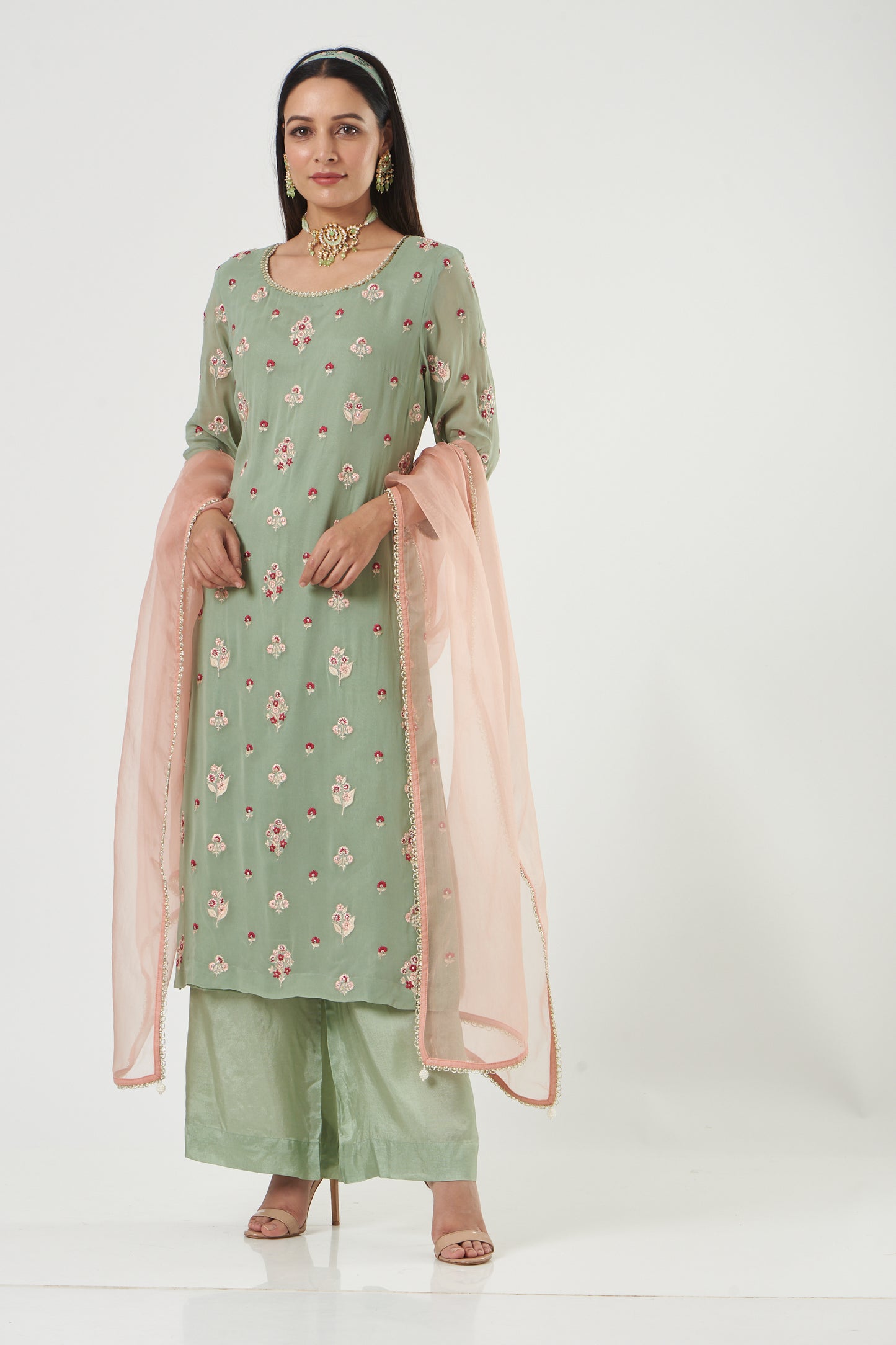 Aqua Georgette Floral Embroidered Straight Kurta Set