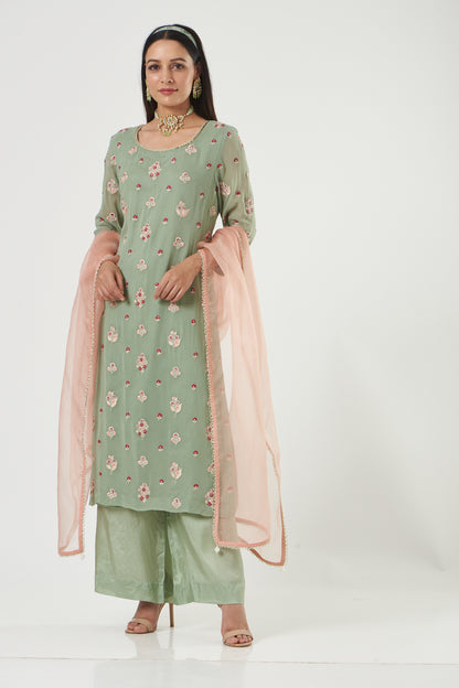 Aqua Georgette Floral Embroidered Straight Kurta Set