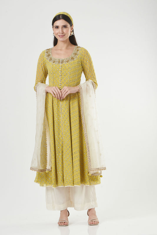 Moss Green Georgette Printed And Embroidered Anarkali Set