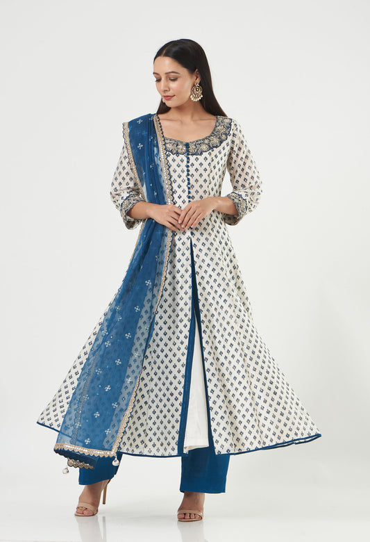 Ivory-Indigo Chanderi Printed And Embroidered Anarkali Set