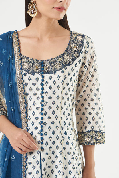 Ivory-Indigo Chanderi Printed And Embroidered Anarkali Set