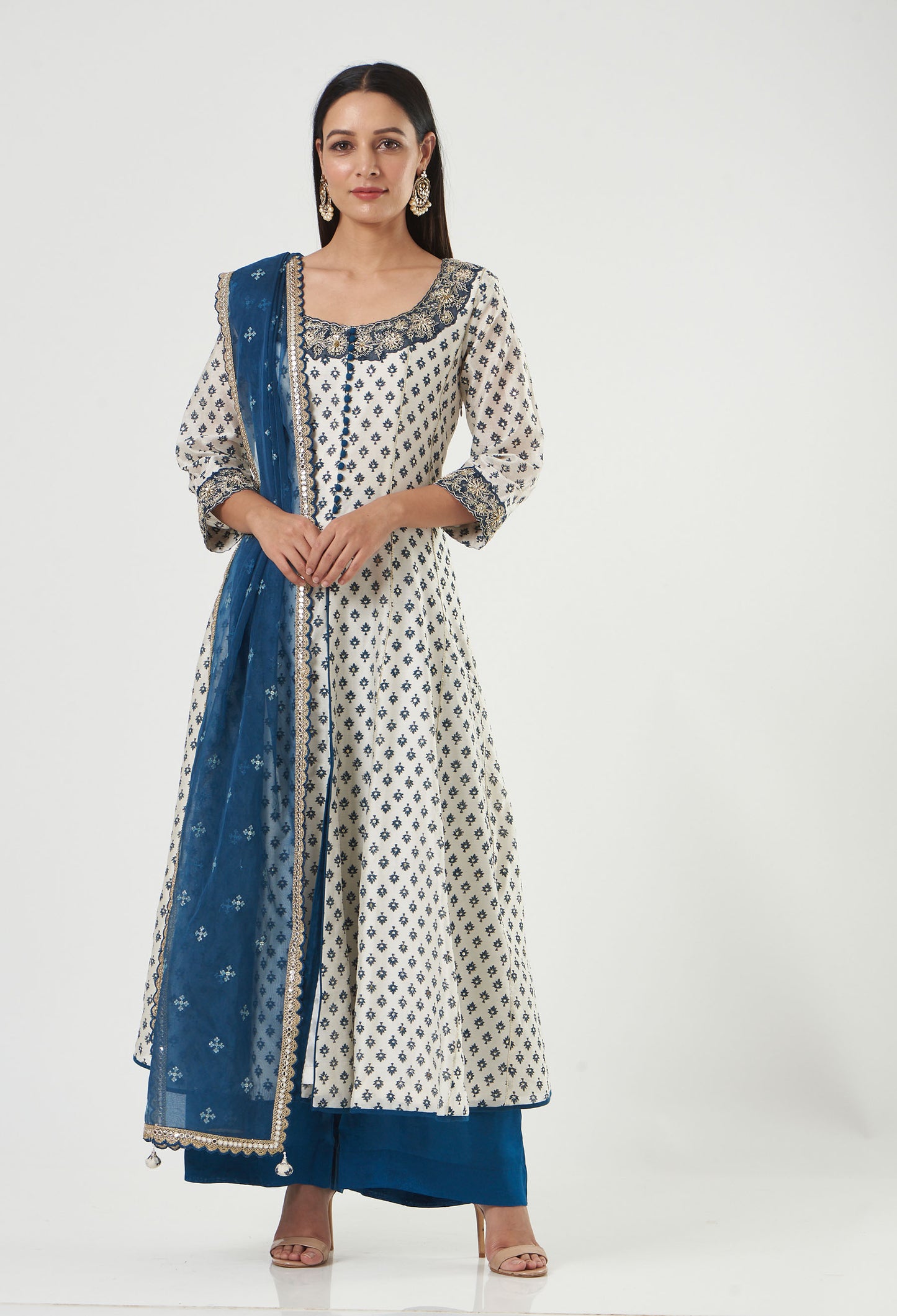 Ivory-Indigo Chanderi Printed And Embroidered Anarkali Set