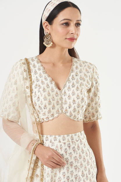 Ivory Printed And Embroidered Silk Lehenga Set