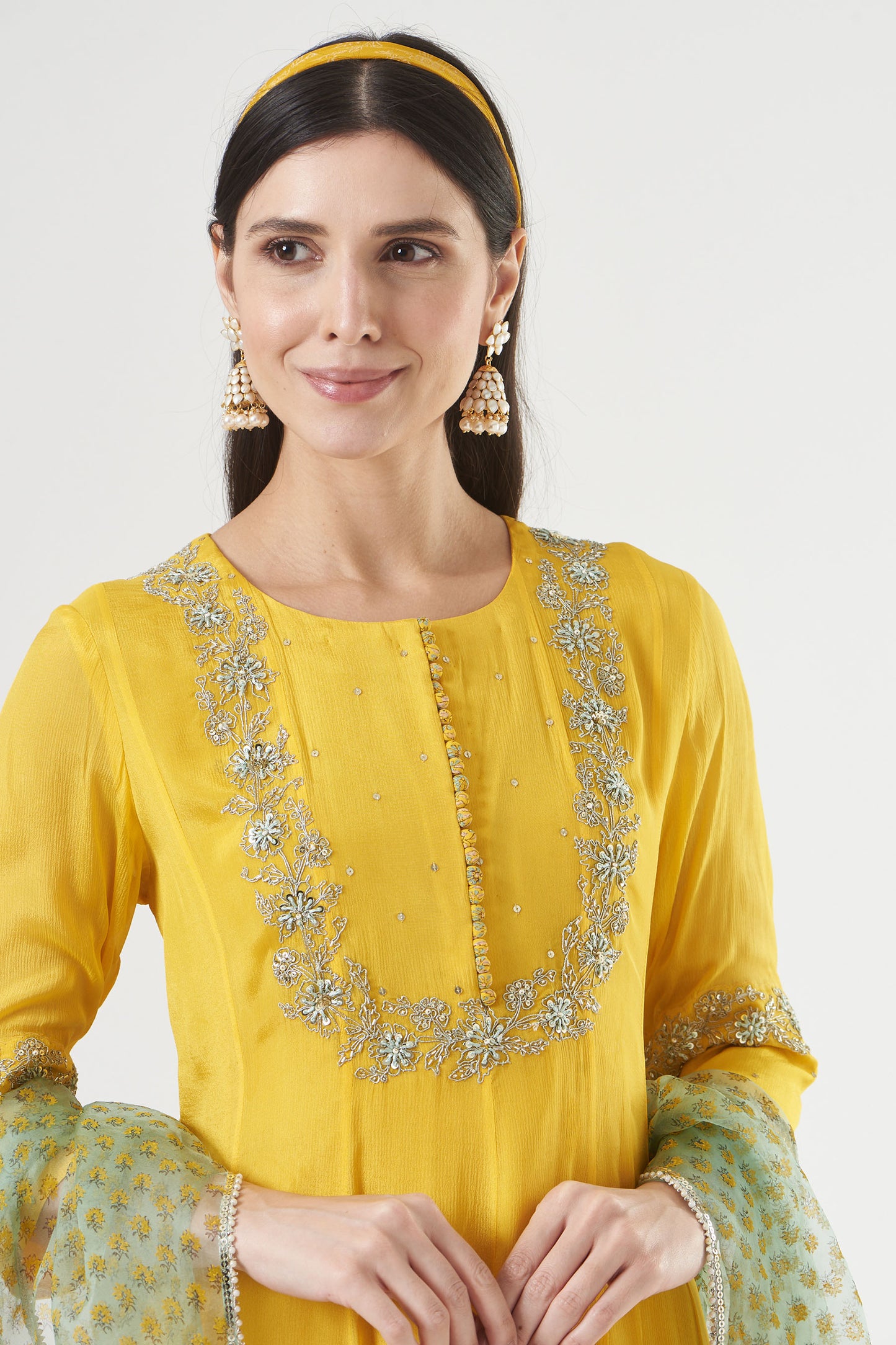 Mustard Chiffon Embroidered Flared Anarkali Set